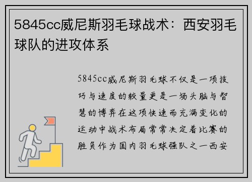 5845cc威尼斯羽毛球战术：西安羽毛球队的进攻体系