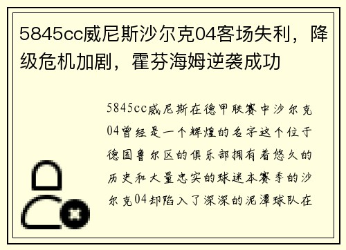 5845cc威尼斯沙尔克04客场失利，降级危机加剧，霍芬海姆逆袭成功